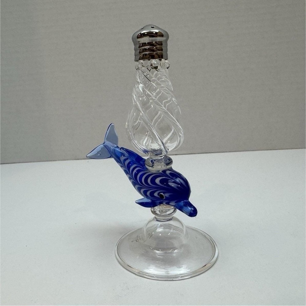 Lenox 2004 Blown Glass Dolphin Salt Shaker with Blue Swirl Design, nautical